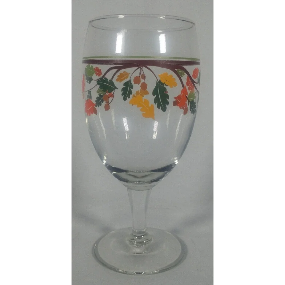 Libbey Crisa Oak Leaves Acorn Nuts Glass Water Goblet 16 Oz Vintage